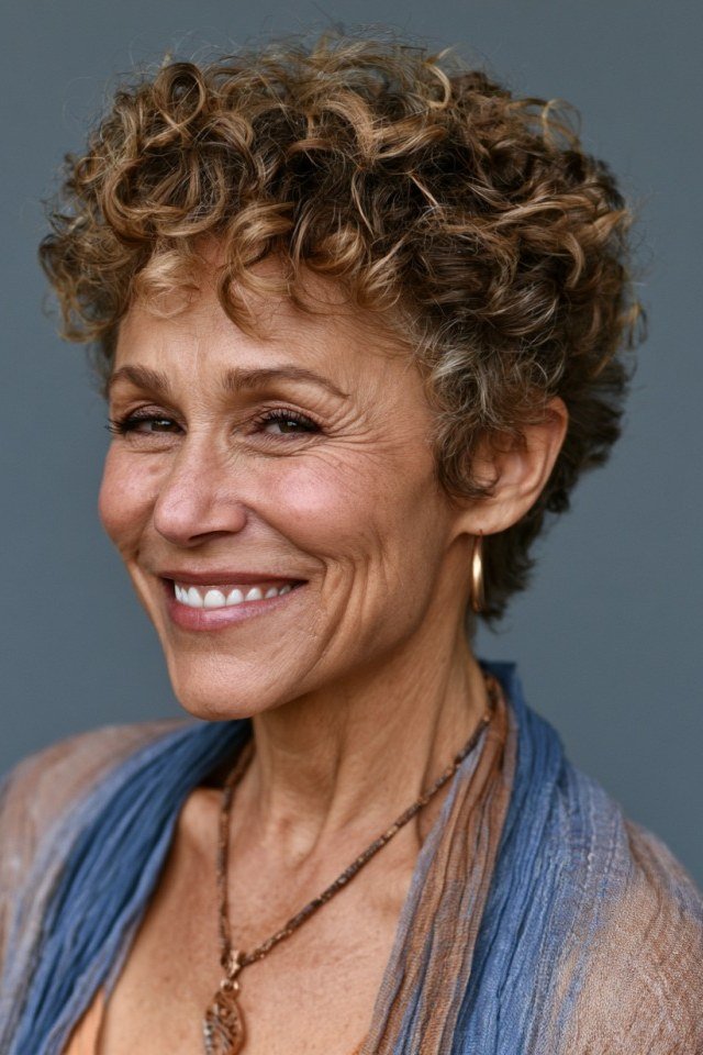 Brown Curly Pixie, Smiling Front View - curly pixie haircut for women over 60 (idea 24 of 70)