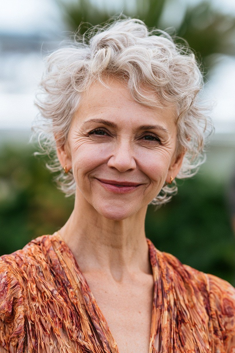 White Curly Pixie in Orange - curly pixie haircut for women over 60 (idea 26 of 70)