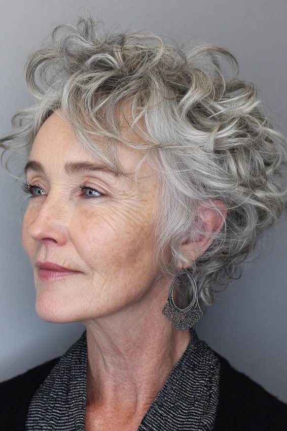 Silver Curly Pixie, Three-Quarter View - curly pixie haircut for women over 60 (idea 28 of 70)