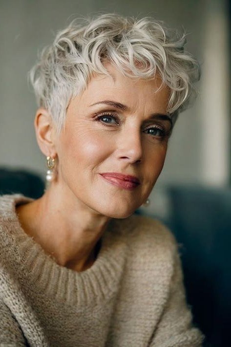 Gray-White Loose Wave Pixie - curly pixie haircut for women over 60 (idea 31 of 70)