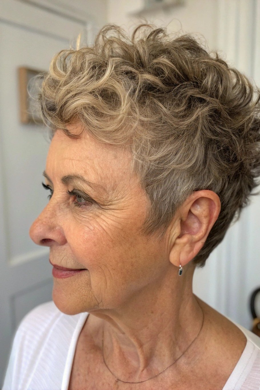 Blonde Curly Pixie, Side View - curly pixie haircut for women over 60 (idea 35 of 70)