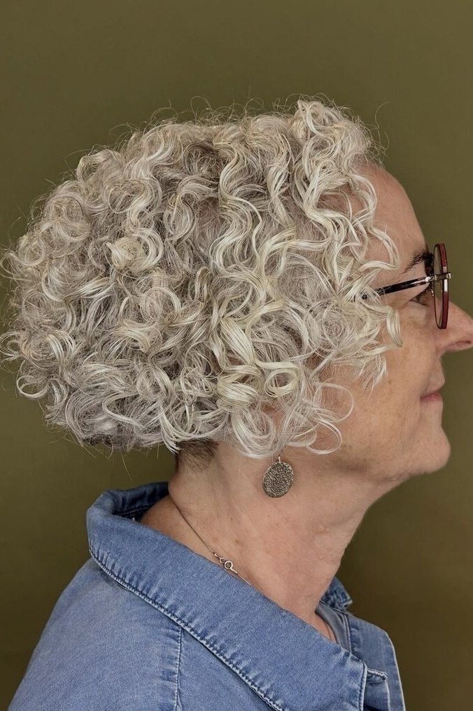White Curly Pixie with Glasses - curly pixie haircut for women over 60 (idea 37 of 70)