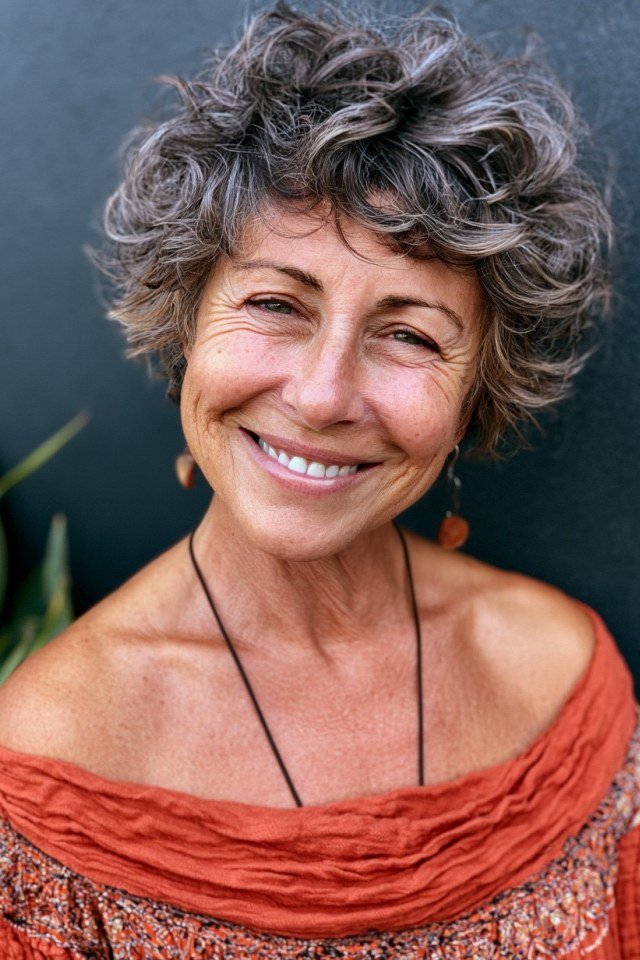 Smiling Brown-Gray Curly Pixie - curly pixie haircut for women over 60 (idea 42 of 70)
