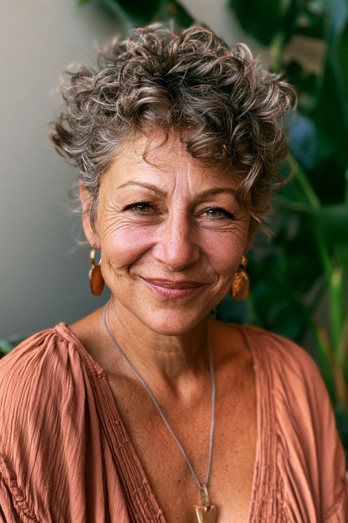 Brown Curly Pixie in Peach - curly pixie haircut for women over 60 (idea 43 of 70)