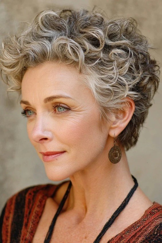 Brown-Gray Curly Pixie, Three-Quarter View - curly pixie haircut for women over 60 (idea 44 of 70)