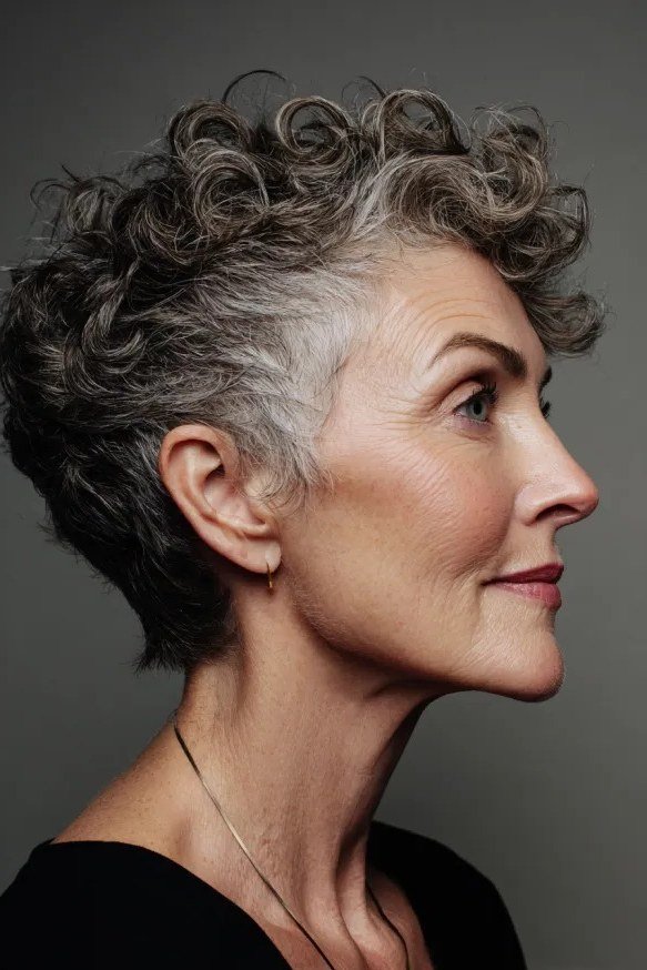 Dark Gray Curly Pixie, Side Profile - curly pixie haircut for women over 60 (idea 45 of 70)