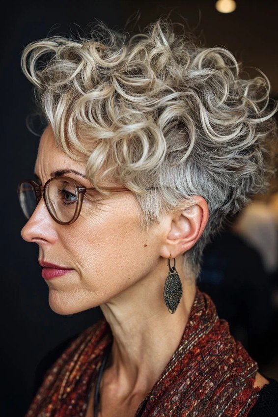 Silver Curly Pixie with Glasses, Side View - curly pixie haircut for women over 60 (idea 48 of 70)