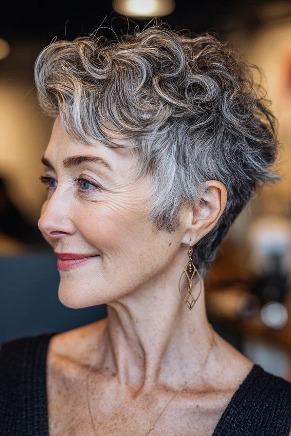 Salt-and-Pepper Curly Pixie, Side View - curly pixie haircut for women over 60 (idea 49 of 70)
