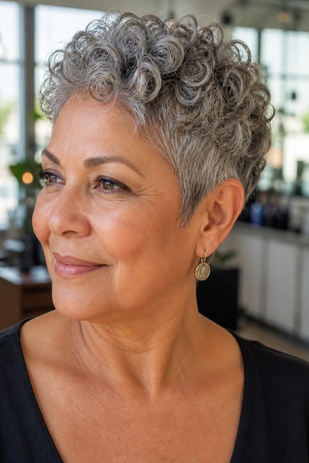 Gray Curly Pixie in Black - curly pixie haircut for women over 60 (idea 51 of 70)