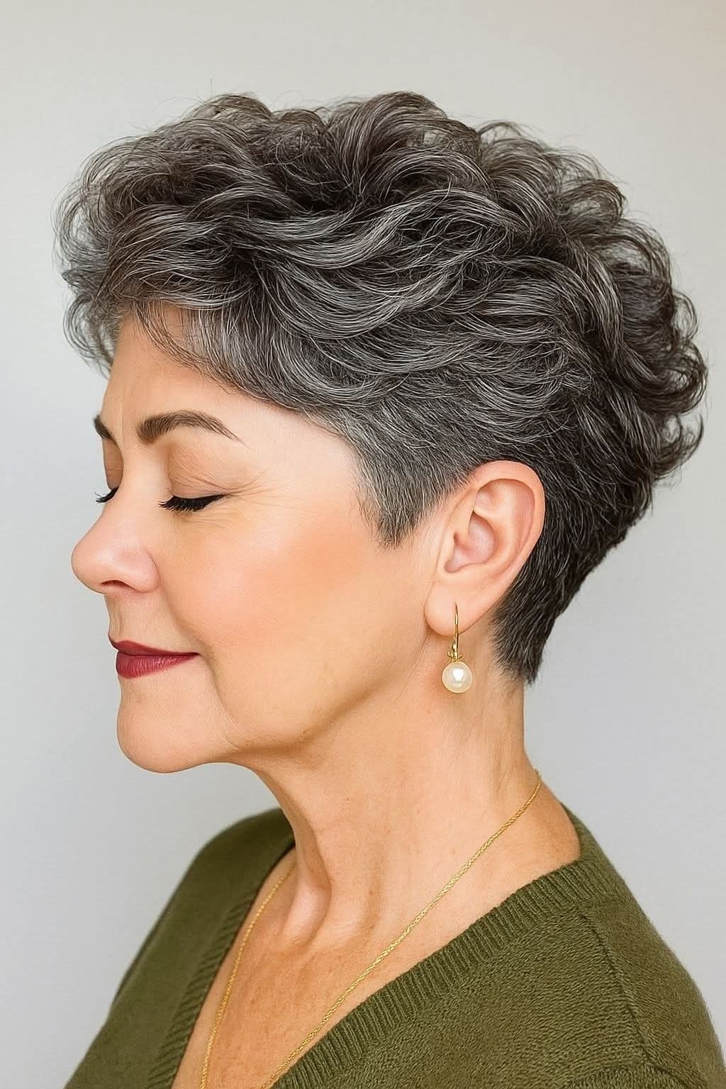 Gray Curly Pixie in Green - curly pixie haircut for women over 60 (idea 52 of 70)