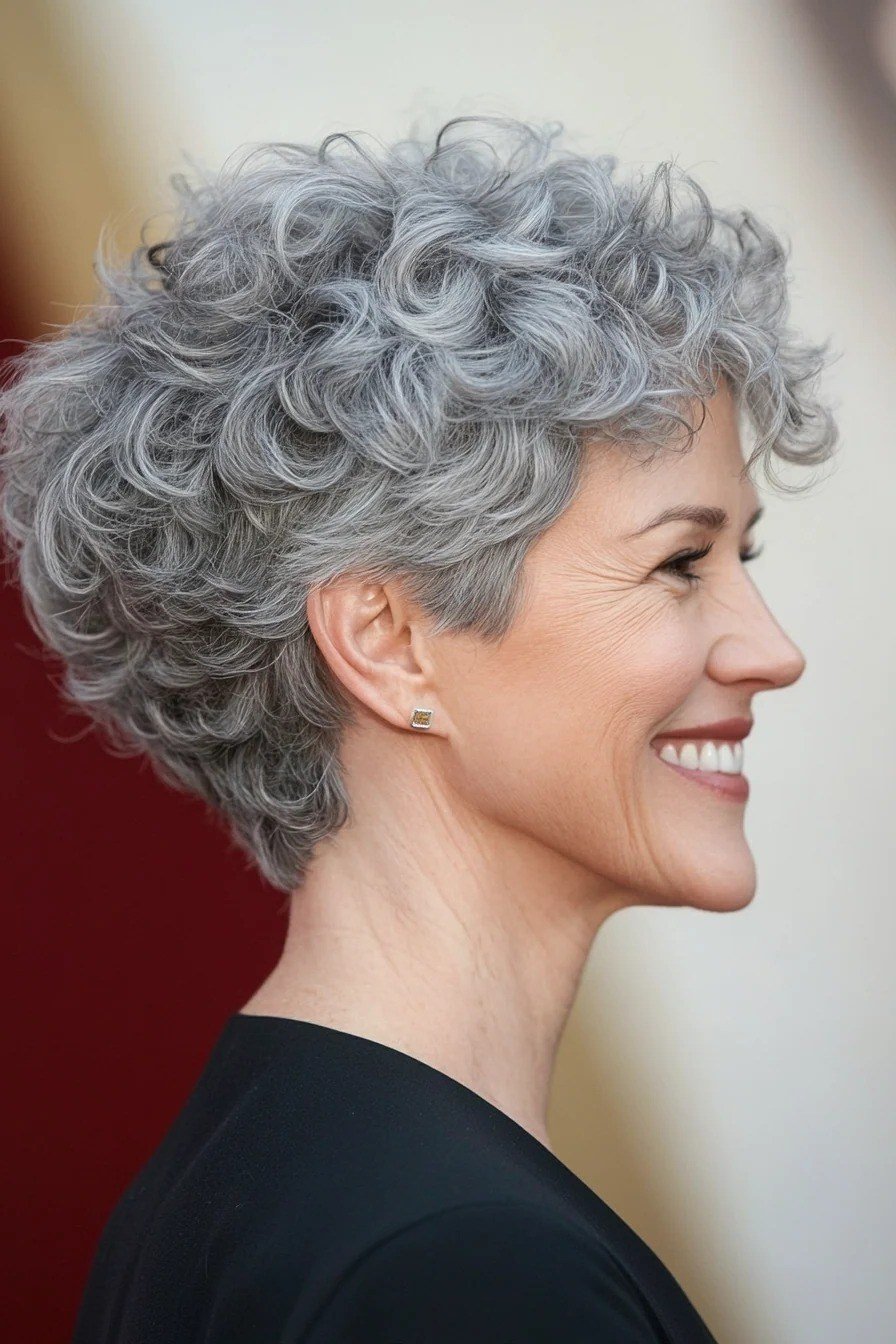 Silver Curly Pixie on Red - curly pixie haircut for women over 60 (idea 53 of 70)