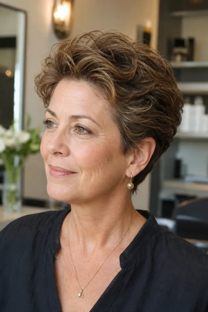 Fresh Brown Curly Pixie, Salon Styled - curly pixie haircut for women over 60 (idea 54 of 70)