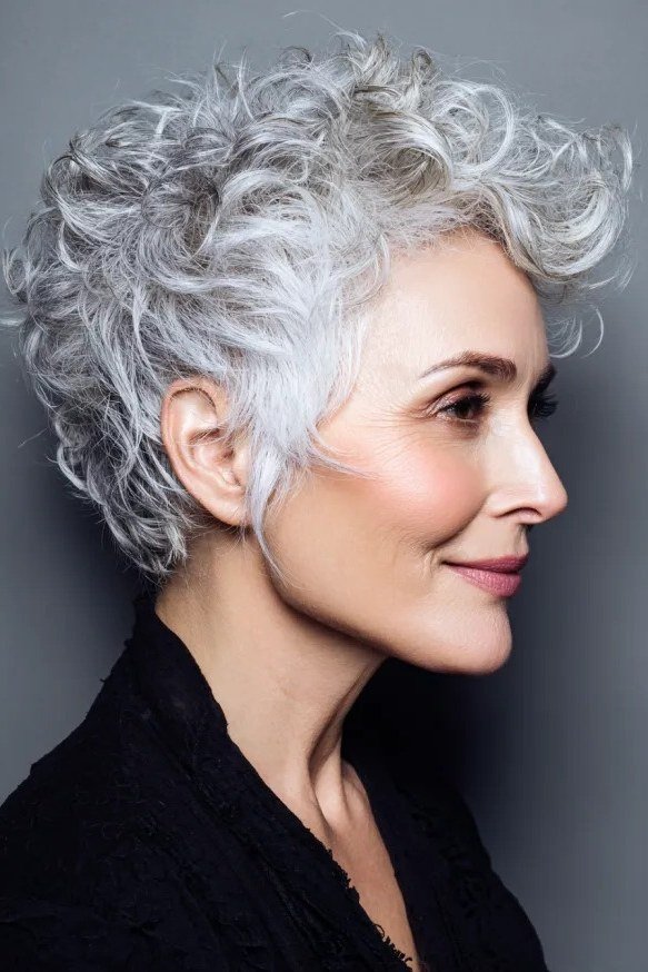 White Curly Pixie, Side Profile - curly pixie haircut for women over 60 (idea 55 of 70)