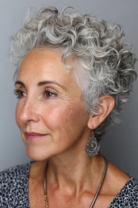 Silver Pixie in Pattern, Three-Quarter View - curly pixie haircut for women over 60 (idea 59 of 70)