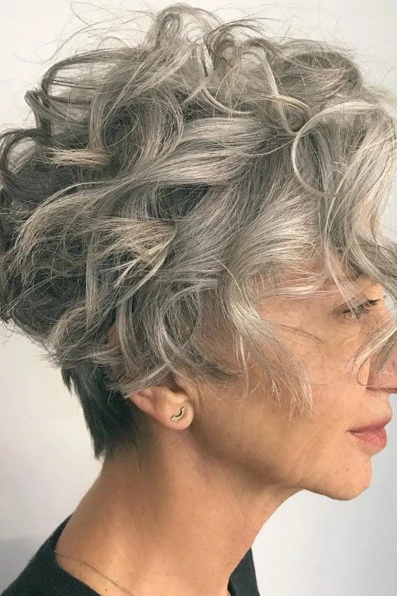 Gray Curly Pixie, Close Profile - curly pixie haircut for women over 60 (idea 61 of 70)