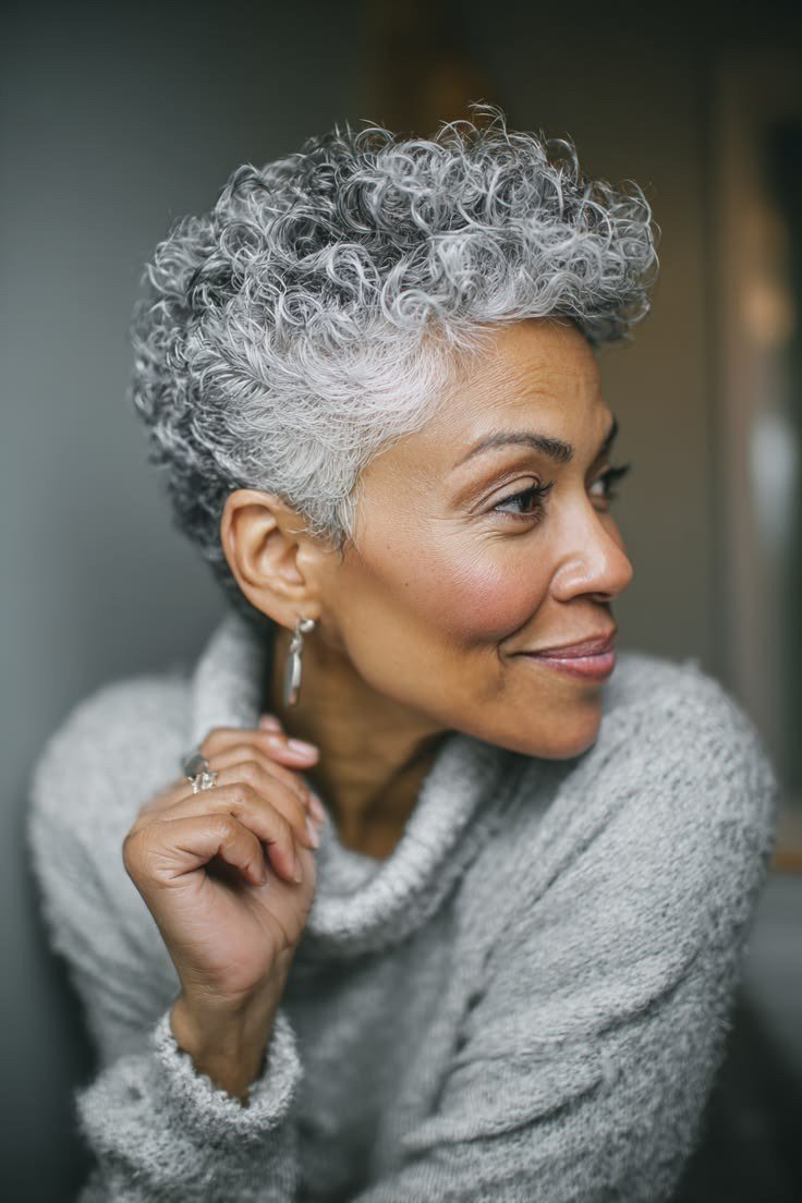 Smiling Gray Pixie in Gray Knit - curly pixie haircut for women over 60 (idea 62 of 70)