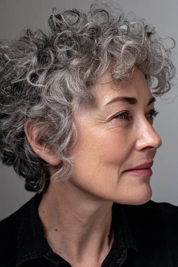 Classic Gray Curly Pixie, Side Profile - curly pixie haircut for women over 60 (idea 64 of 70)