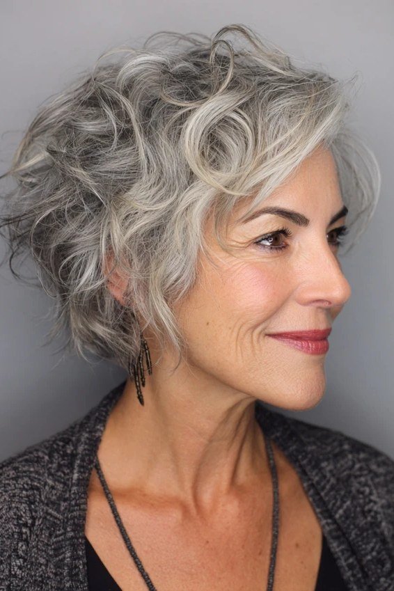 Blonde Curly Pixie Shag With Longer Top for women over 60, three-quarter view