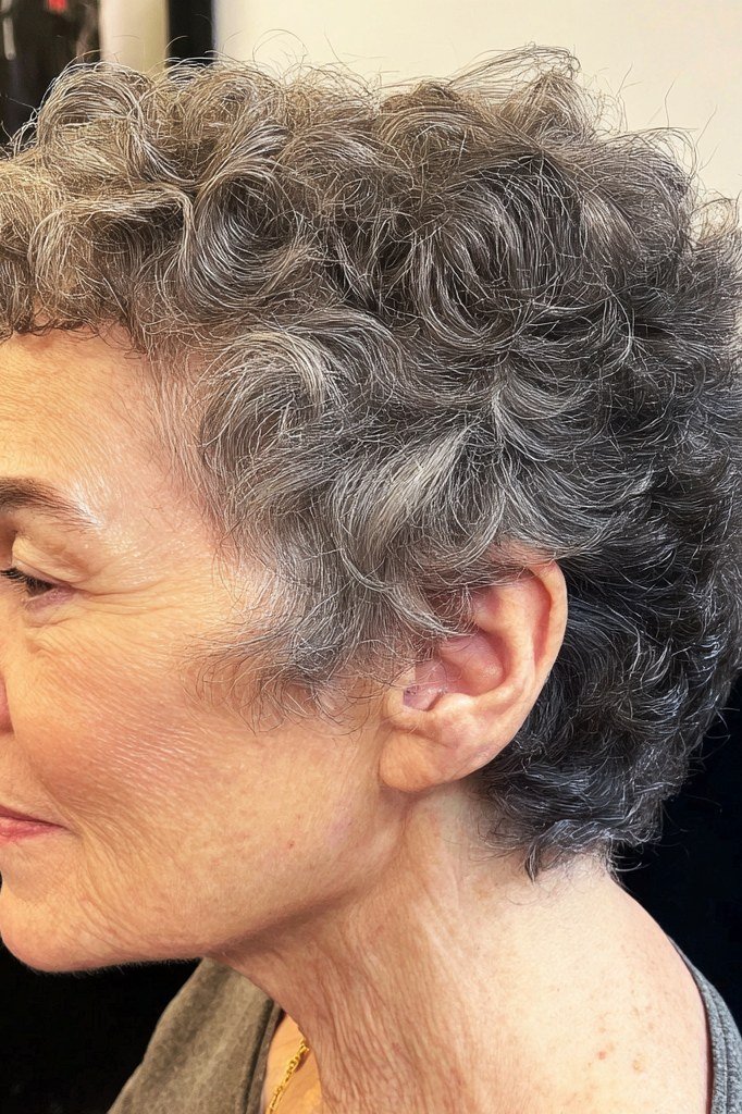 Classic Grey Curly Pixie Shag for women over 60, side view