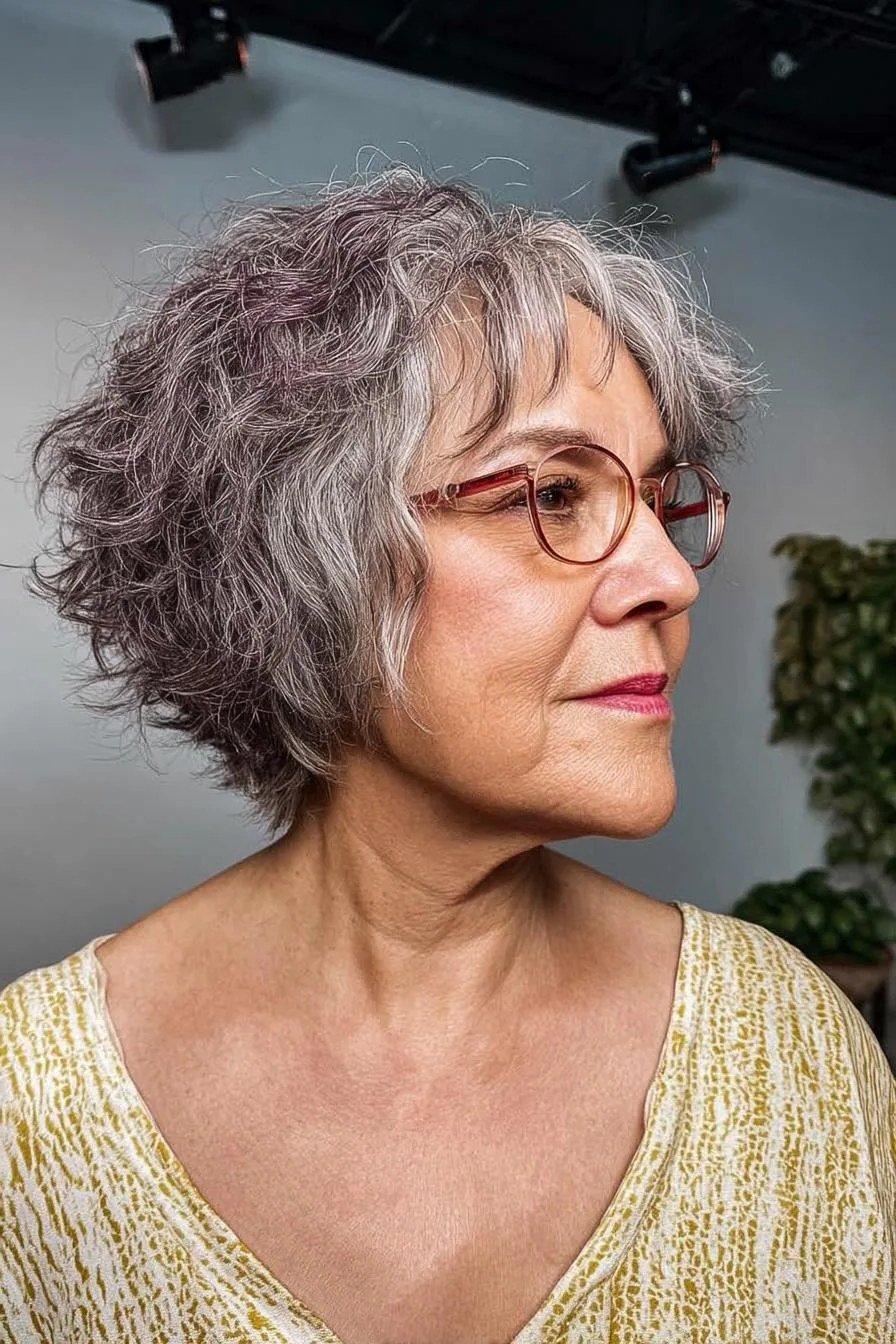 Grey Curly Pixie Shag for Glasses Wearers for women over 60, side view