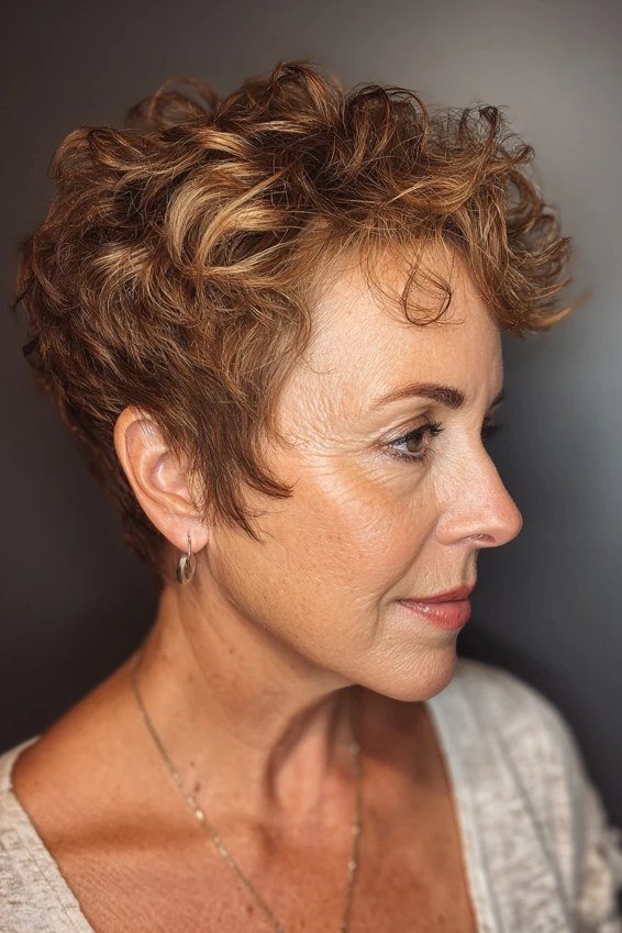 Auburn Curly Pixie Shag for women over 60, side view