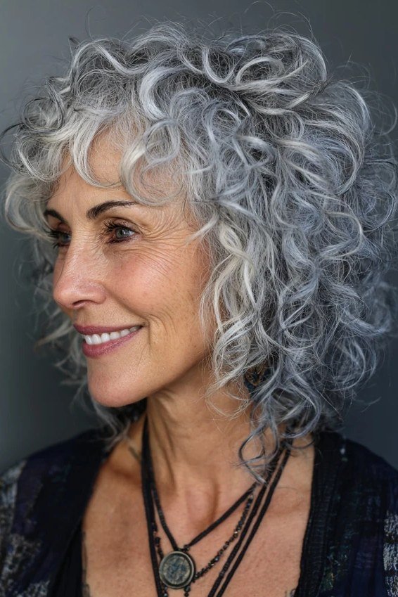 Bright Silver Curly Shag for women over 60, front view