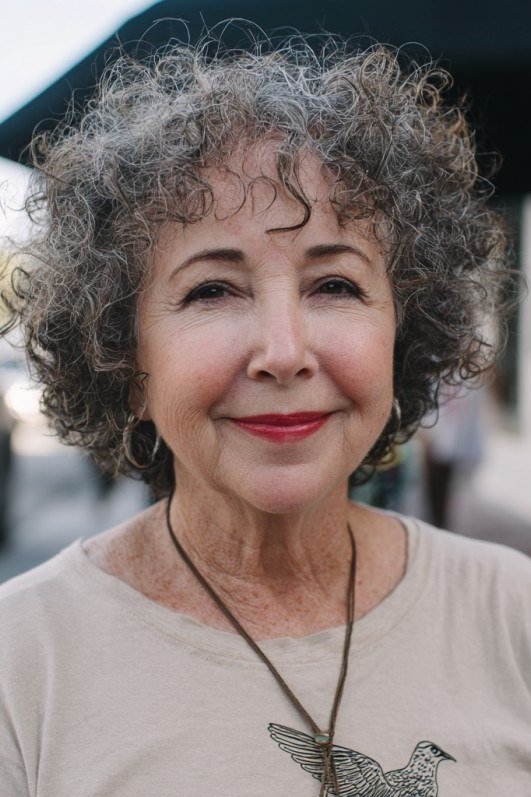 Soft Grey Curly Shag for women over 60, front view