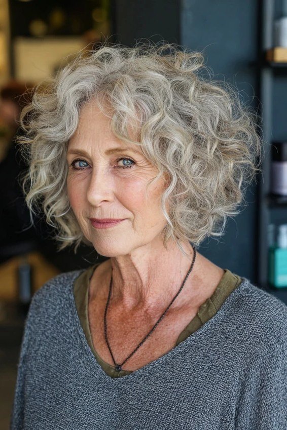 Defined Silver Curly Shag for women over 60, front view