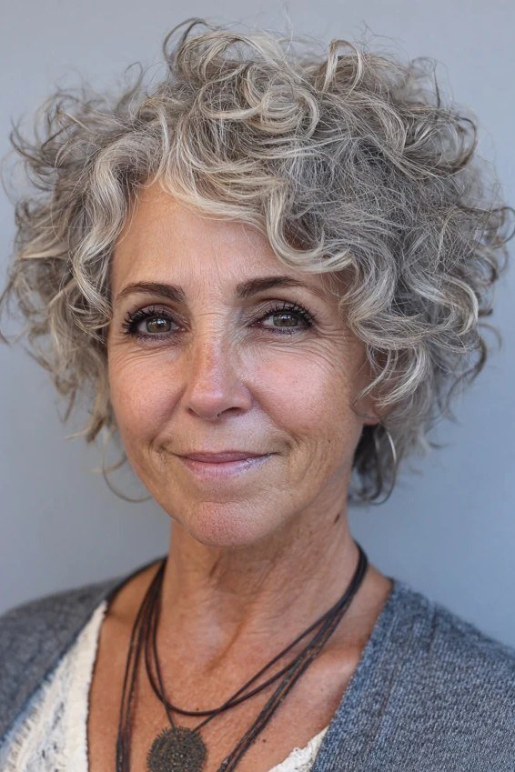 Polished Grey Curly Shag for women over 60, front view