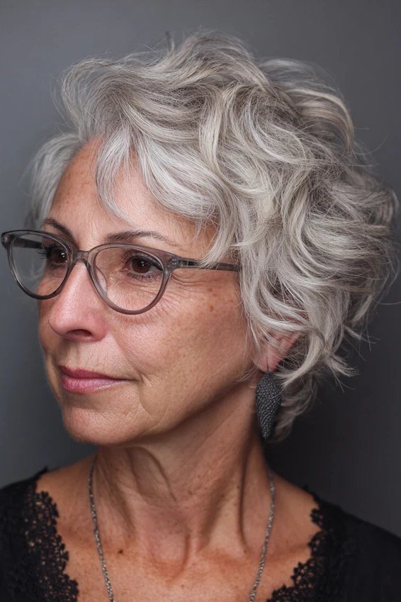 White Curly Shag With Glasses for women over 60, three-quarter view