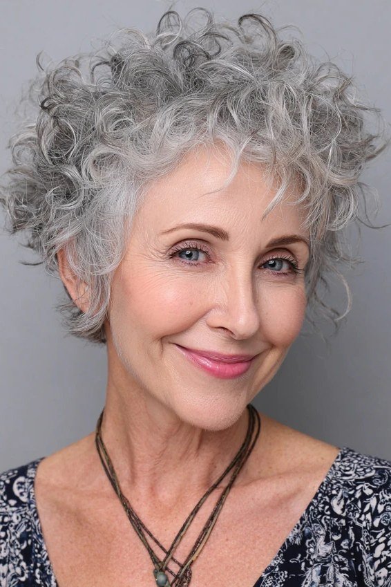 Silver Curly Shag With Volume for women over 60, front view