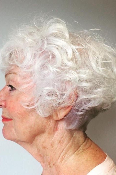 Grey Long Curly Shag for women over 60, three-quarter view