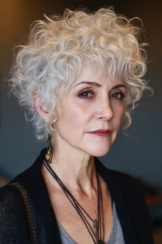 Crisp White Curly Shag for women over 60, front view