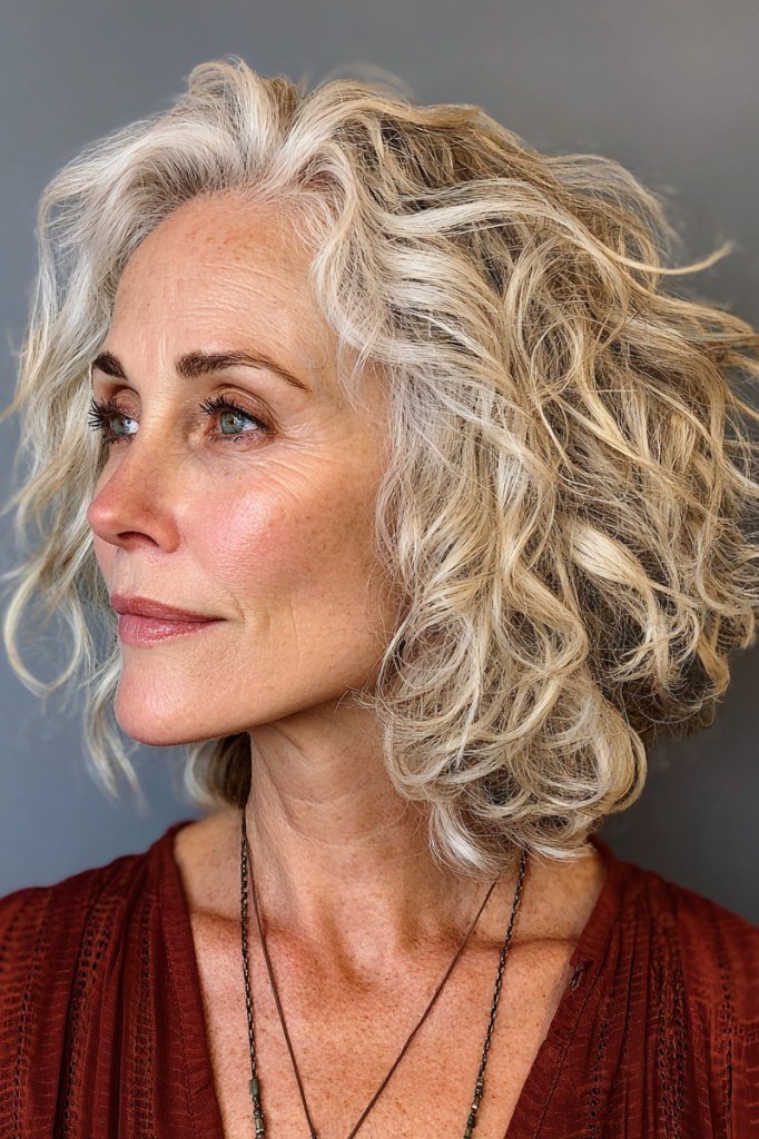 Golden Blonde Curly Shag for women over 60, three-quarter view