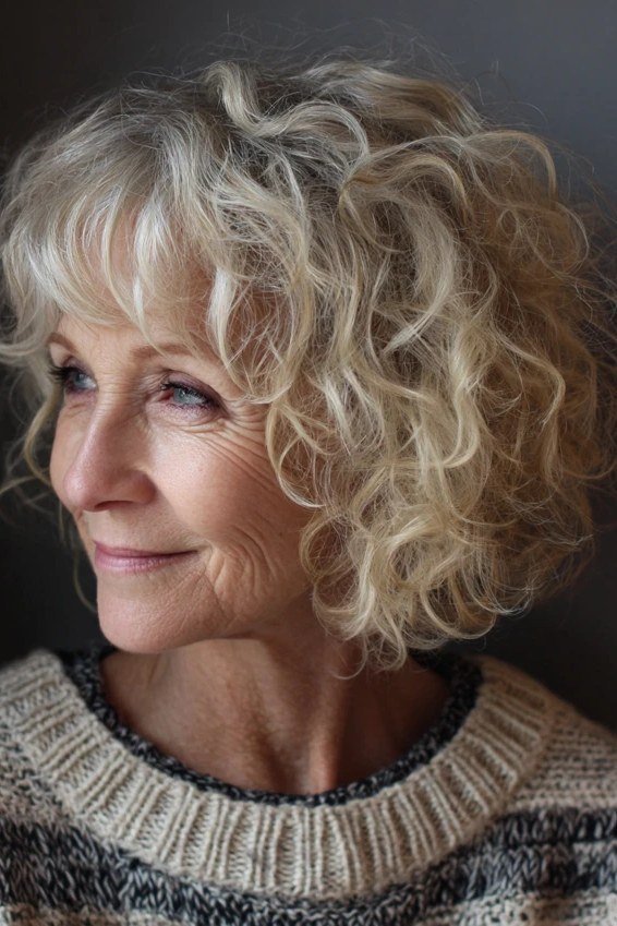 Soft Blonde Curly Shag for women over 60, three-quarter view