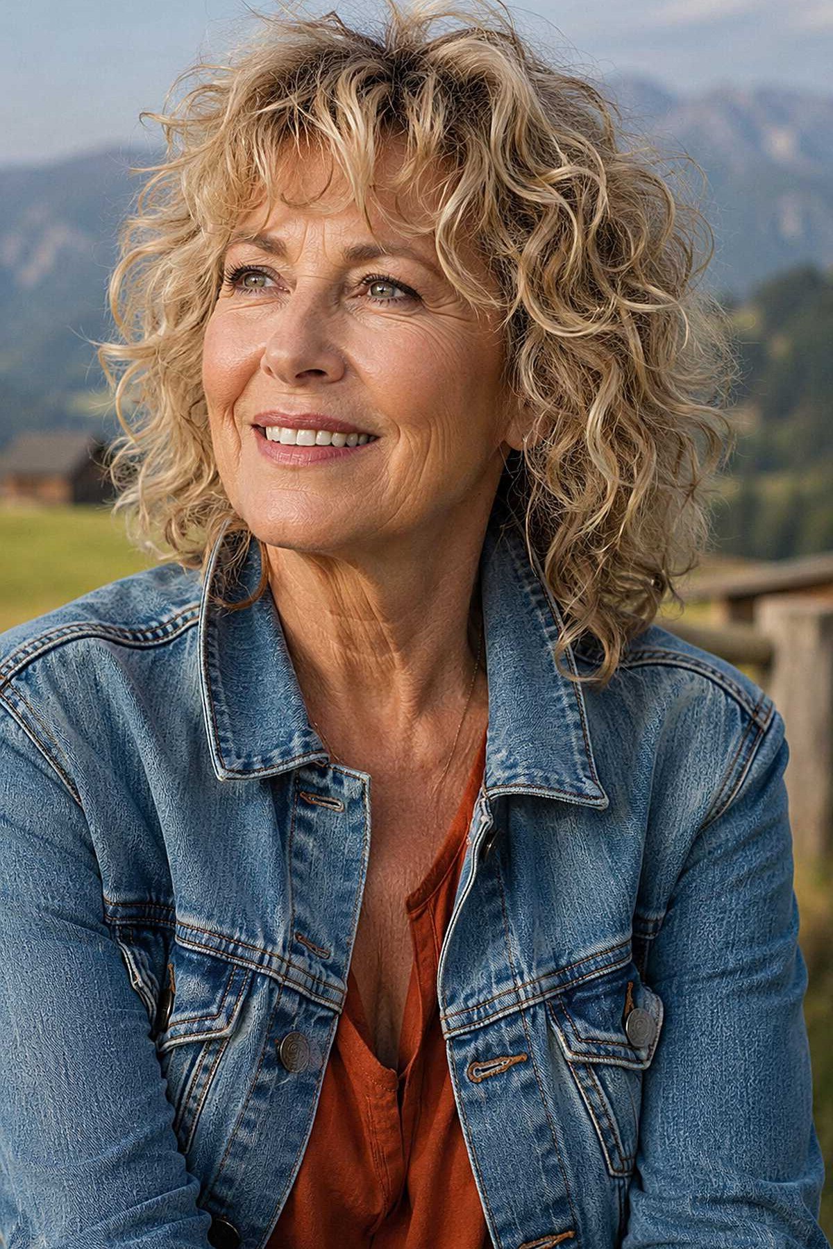 Outdoor Blonde Curly Shag for women over 60, front view