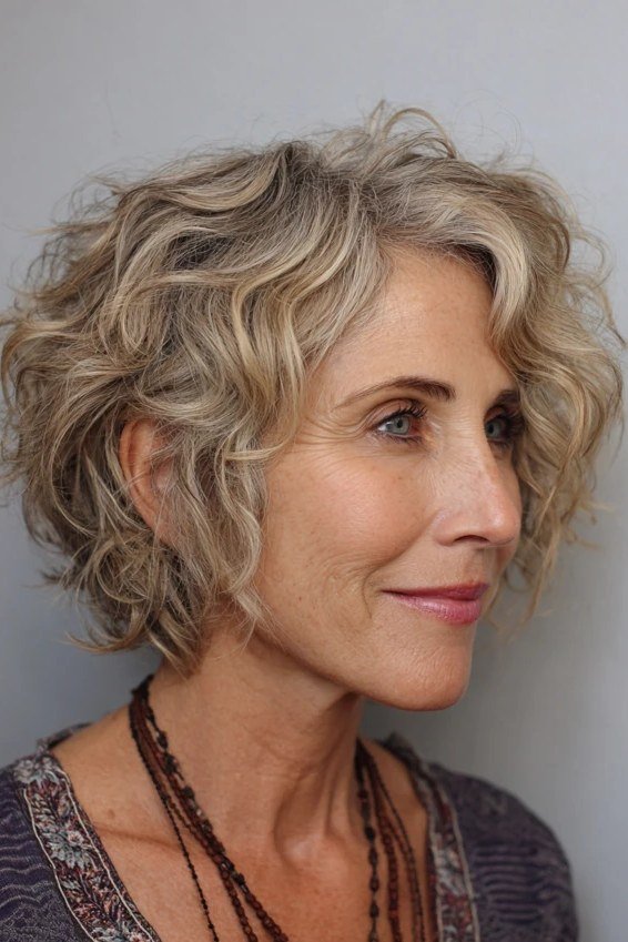 Layered Blonde Curly Shag for women over 60, three-quarter view