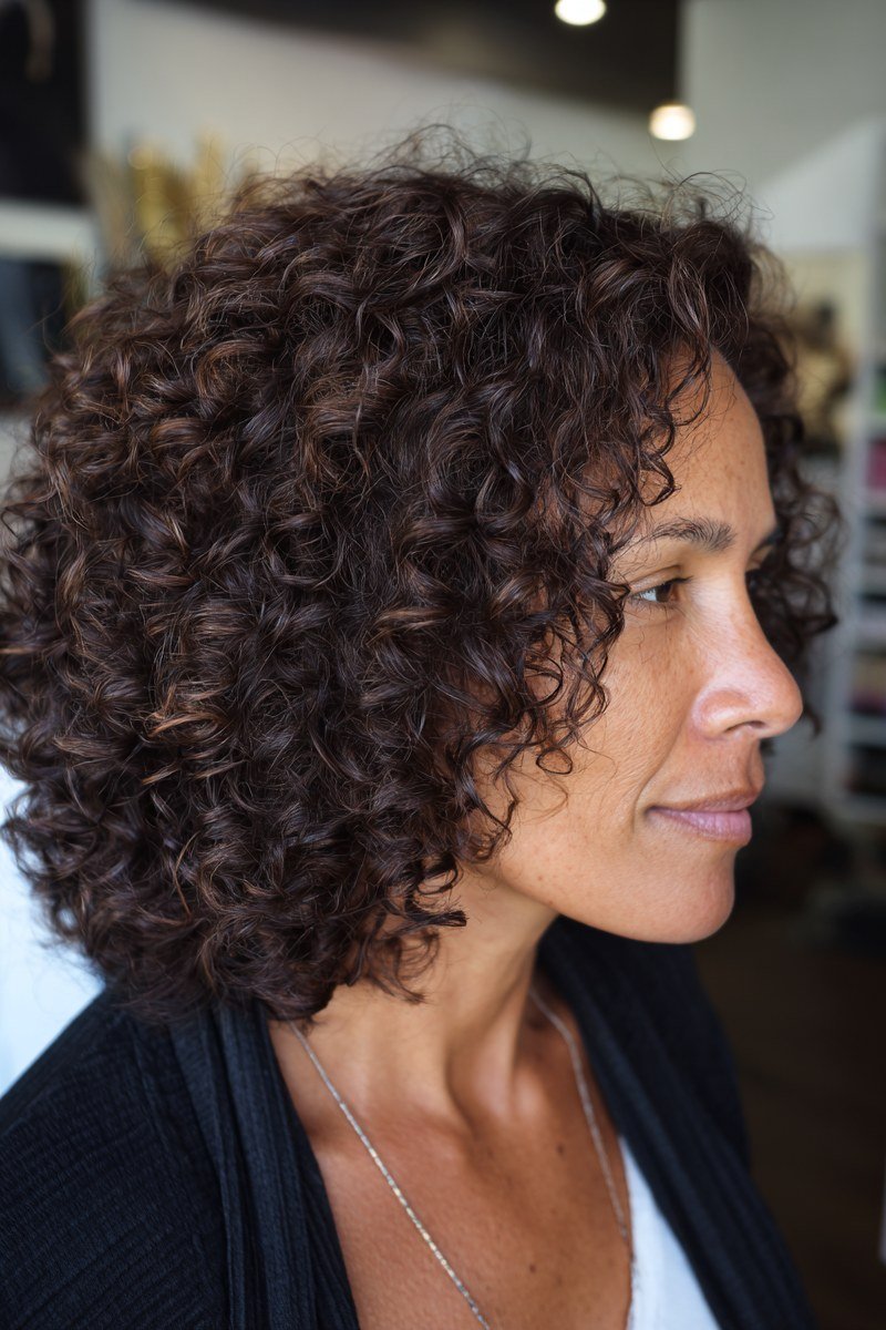 Deep Dark Curly Shag for women over 60, side view