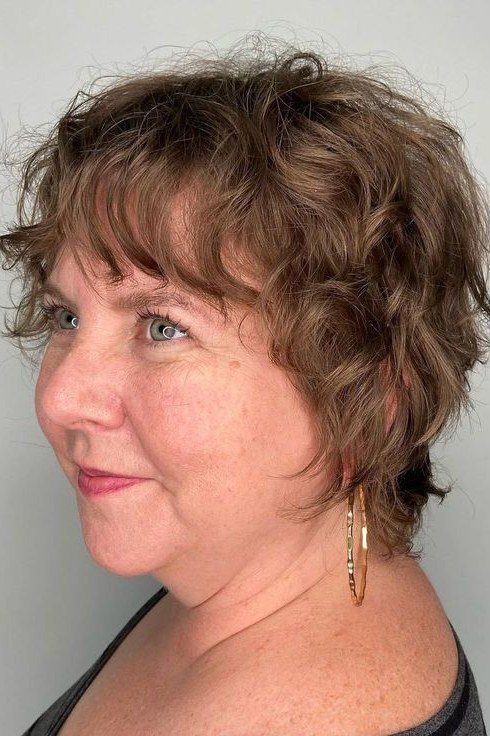 Textured Brown Curly Shag for women over 60, three-quarter view