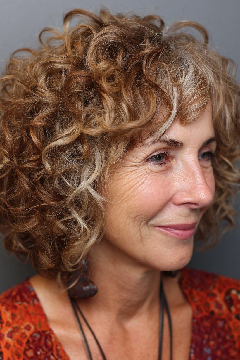 Golden Brown Curly Shag for women over 60, three-quarter view