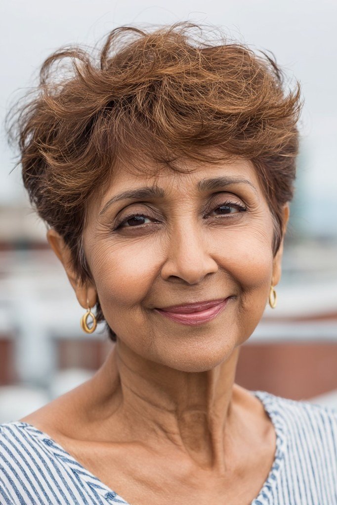 Auburn Curly Pixie Shag for women over 60, front view