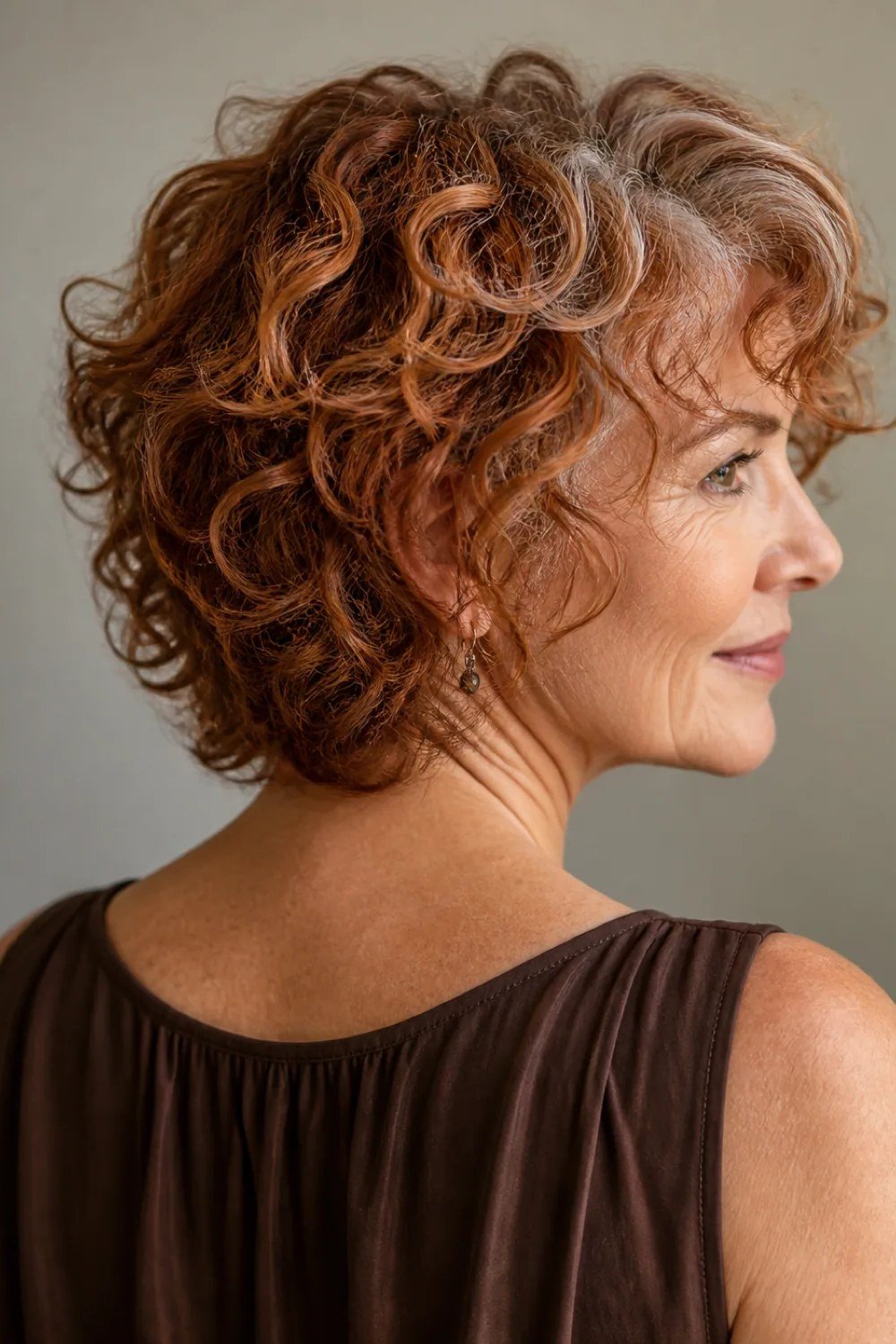 Auburn Curly Shag in Profile for women over 60, side view
