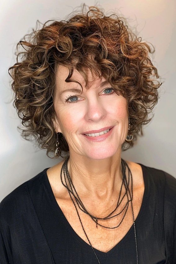 Classic Auburn Curly Shag for women over 60, front view