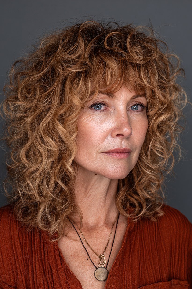 Warm Auburn Curly Shag for women over 60, three-quarter view