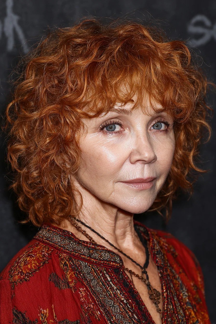 Copper Red Curly Shag for women over 60, three-quarter view