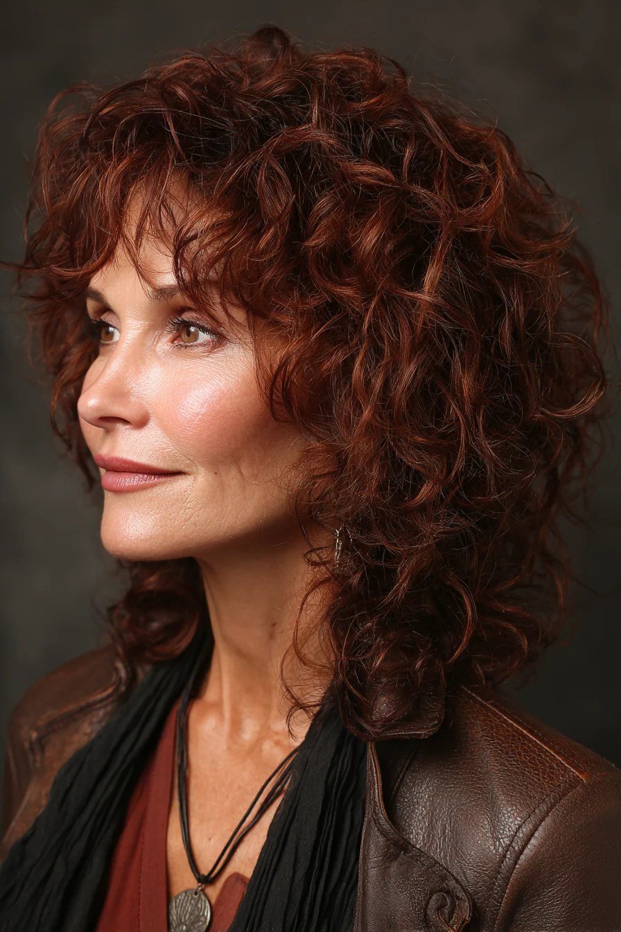 Auburn Curly Shag With Edge for women over 60, three-quarter view