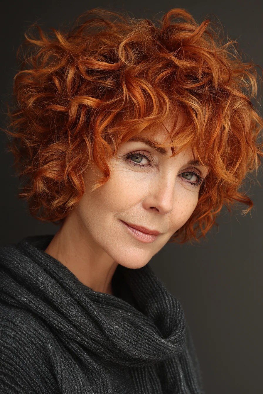 Vivid Red Curly Shag for women over 60, front view