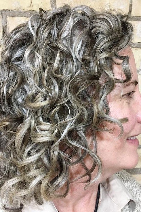 Grey Long Curly Shag in Profile for women over 60, side view