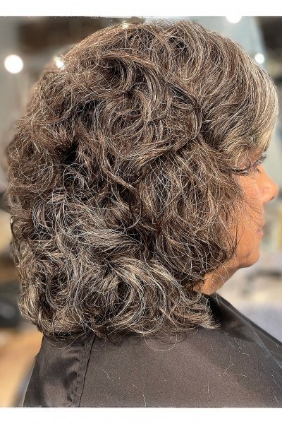 Brown Grey Long Curly Shag for women over 60, side view