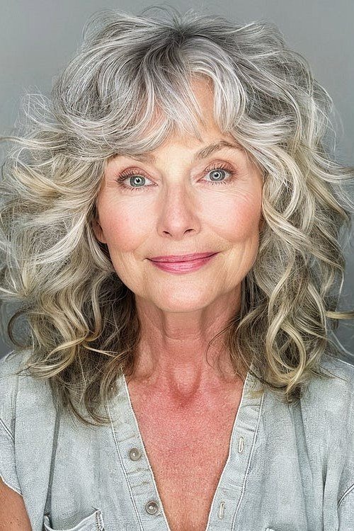 Grey Blonde Long Curly Shag for women over 60, front view